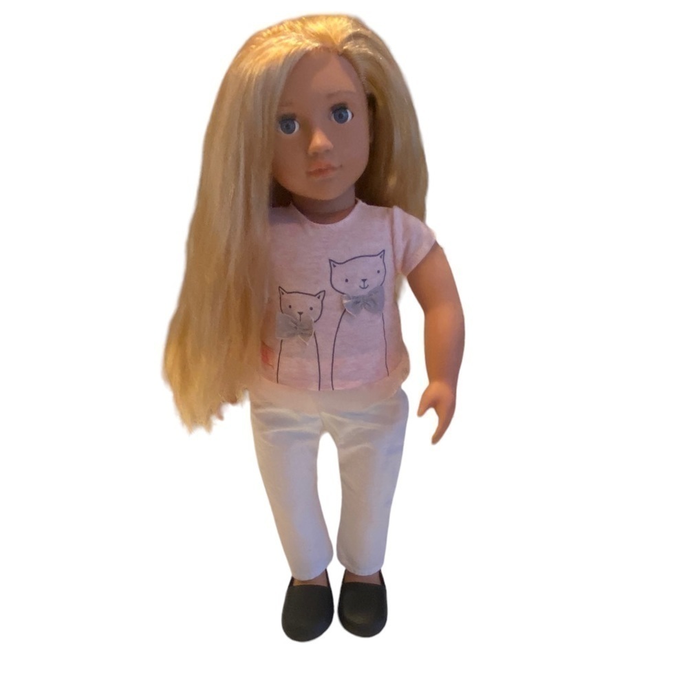 Our Generation Doll and Outfit Cat Themed Print T-Shirt and White Pants & Shoes